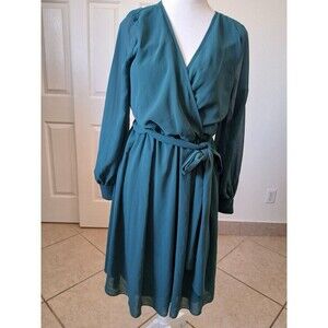 Ricarica Women Dress Green Tie Waist Long Sleeve Faux Wrap Size Large Cocktail
